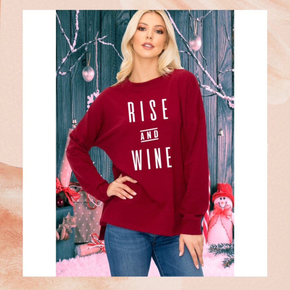 Burgundy Red Rise and Wine Graphic Long Sleeve Casual T-Shirt
